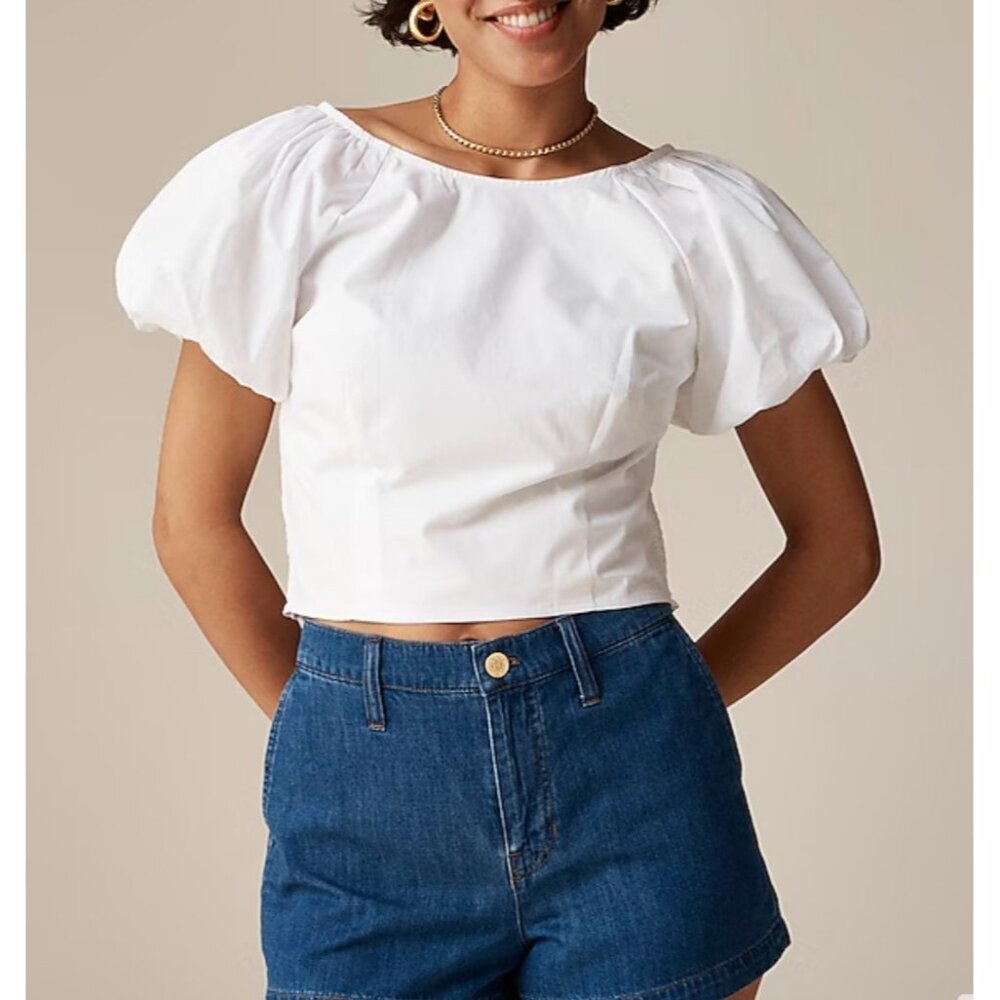 J.Crew Fitted puff-sleeve top white smocked back sz 12‎